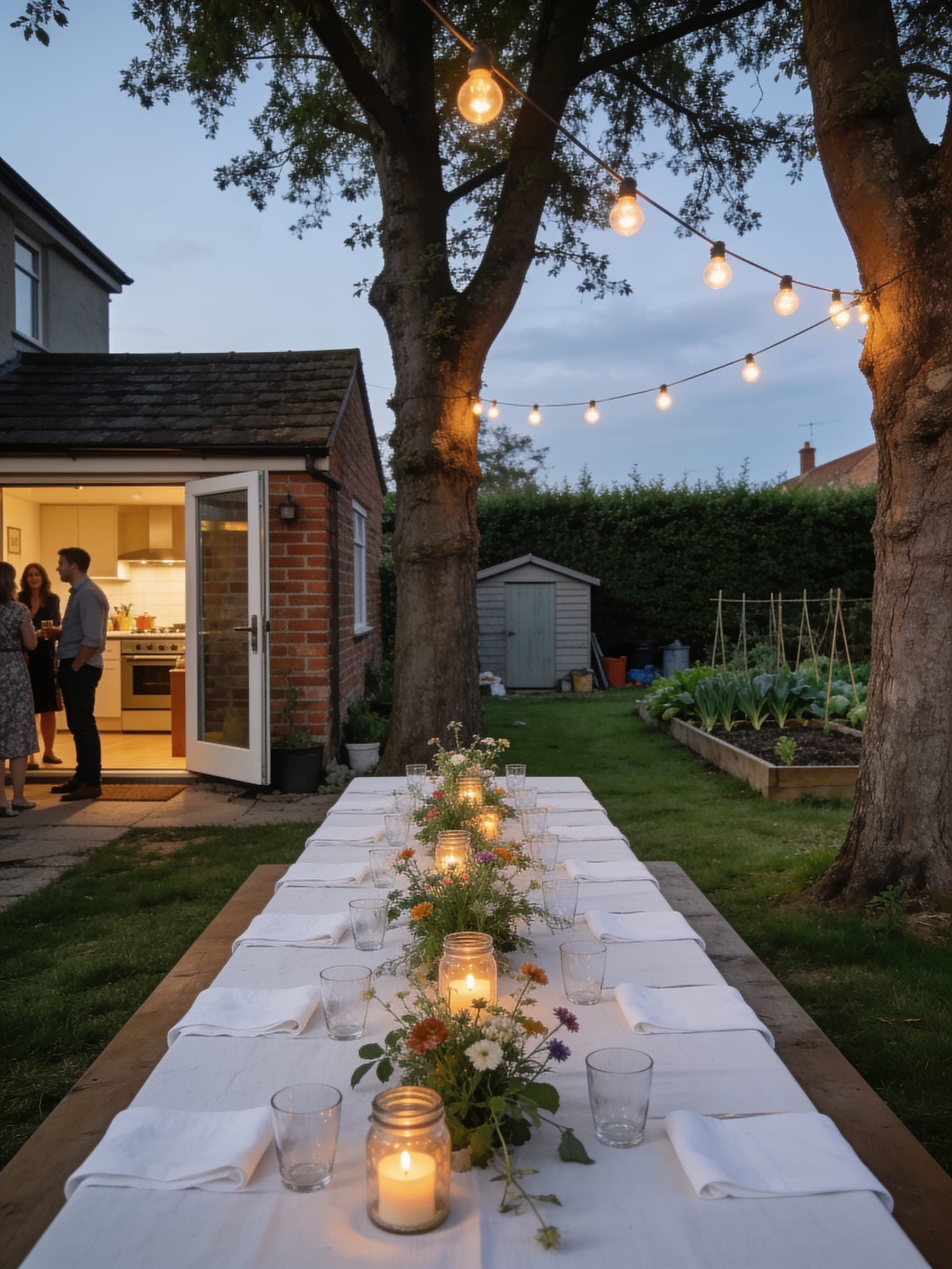 A long table set on the lawn of a family back garden at dusk, lights strung between two trees and guests by the open kitchen door.