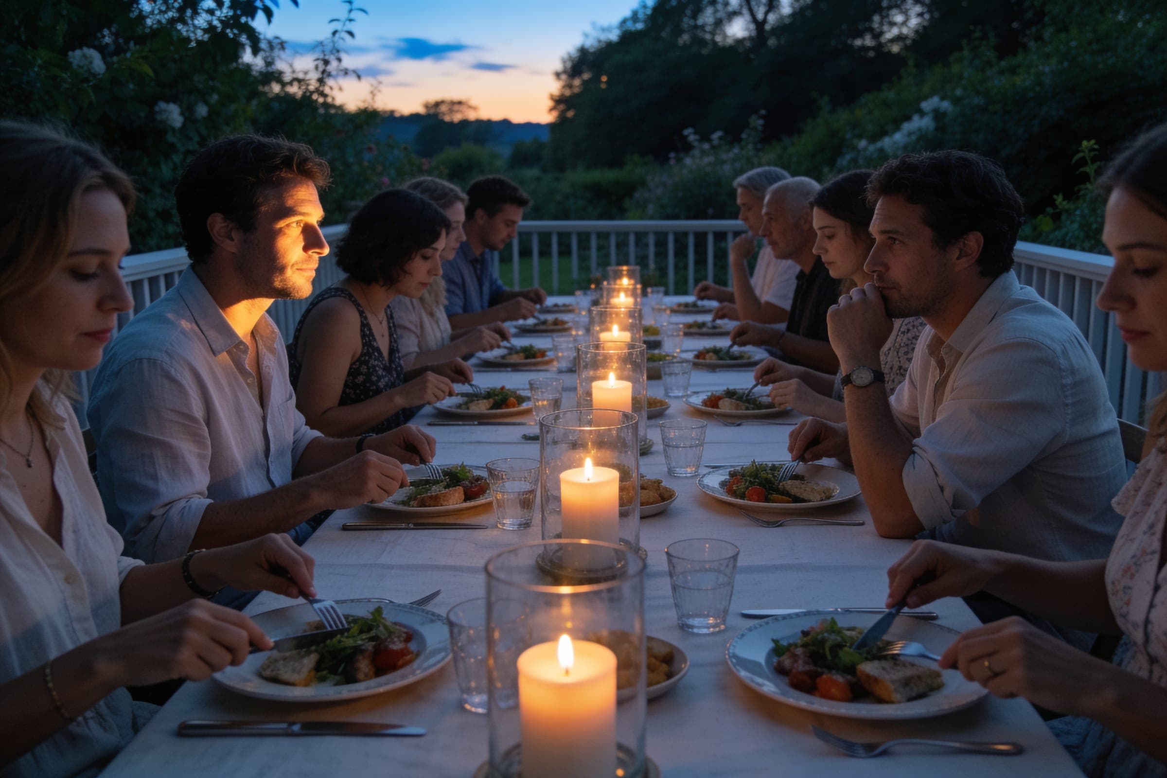Guests eating at a long outdoor table on a terrace just after sunset, candles in glass holders beginning to light their faces.