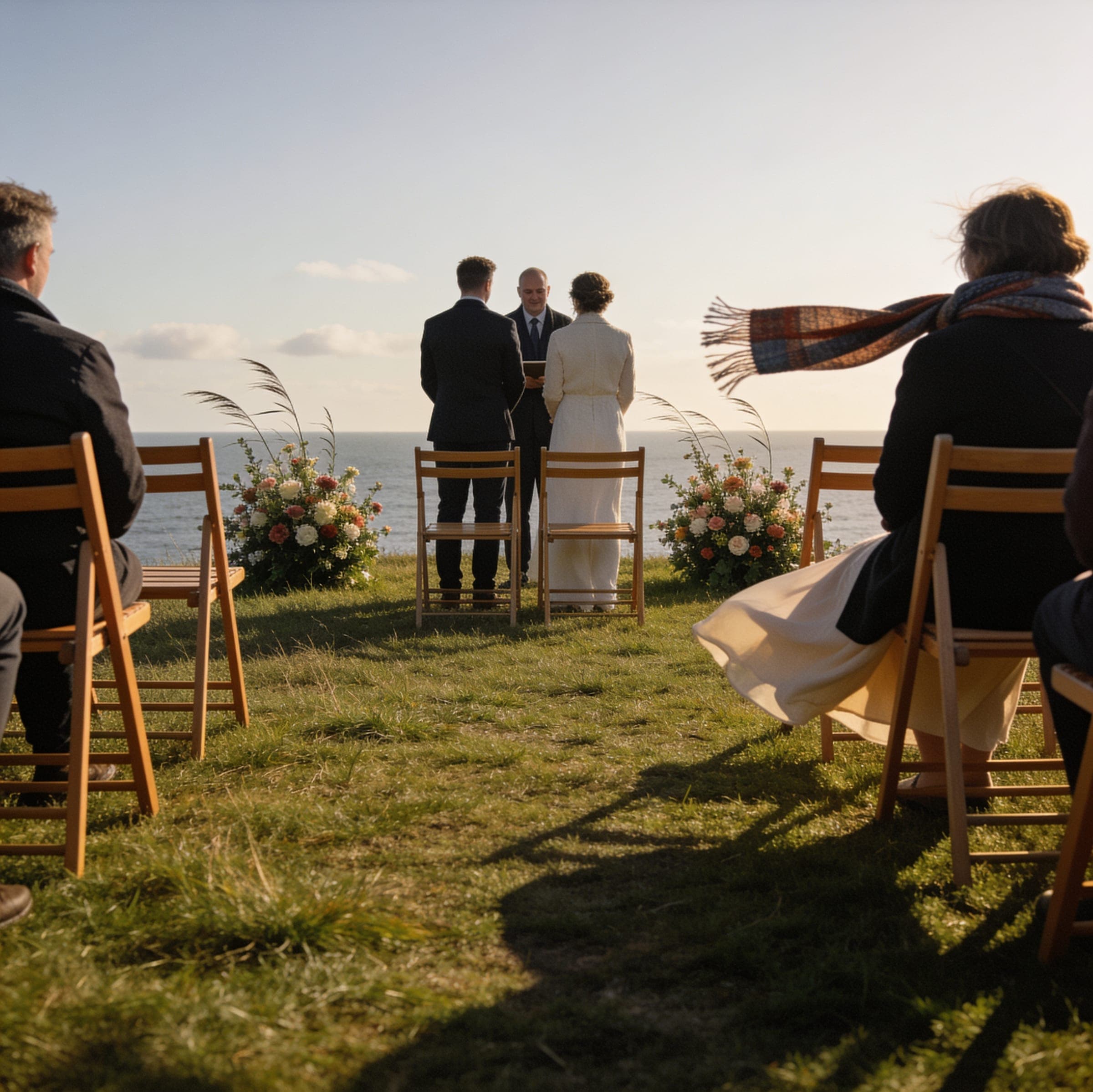 A small ceremony on a clifftop facing the open sea, with low flowers either side and a guest's scarf blowing in the wind.