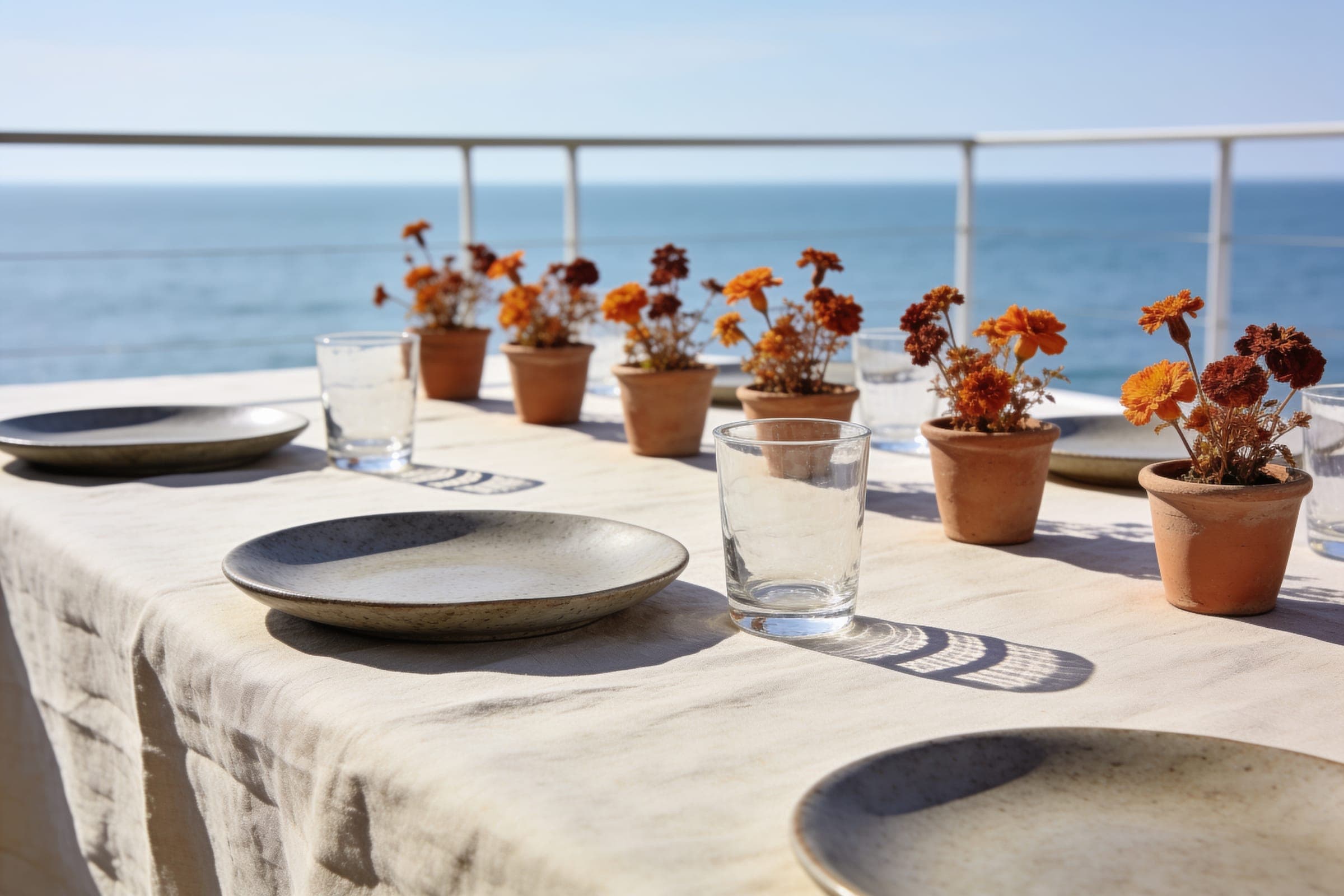 A table by the sea in bright light, with sand-colored linen, stoneware plates, clear glasses and small pots of orange and rust flowers.
