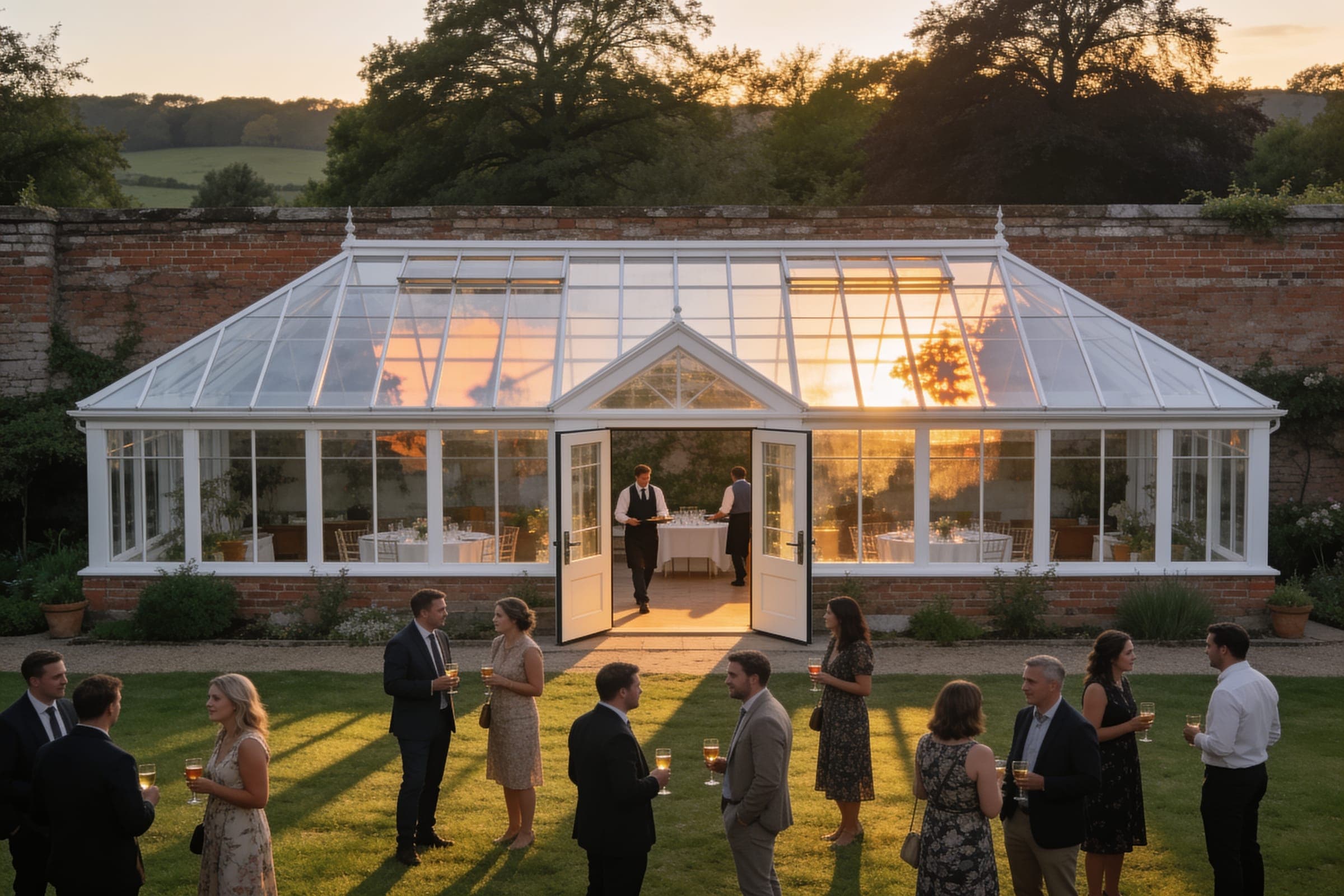 Guests with drinks on a lawn outside a white glasshouse in a walled garden at sunset, its doors open and tables set inside.