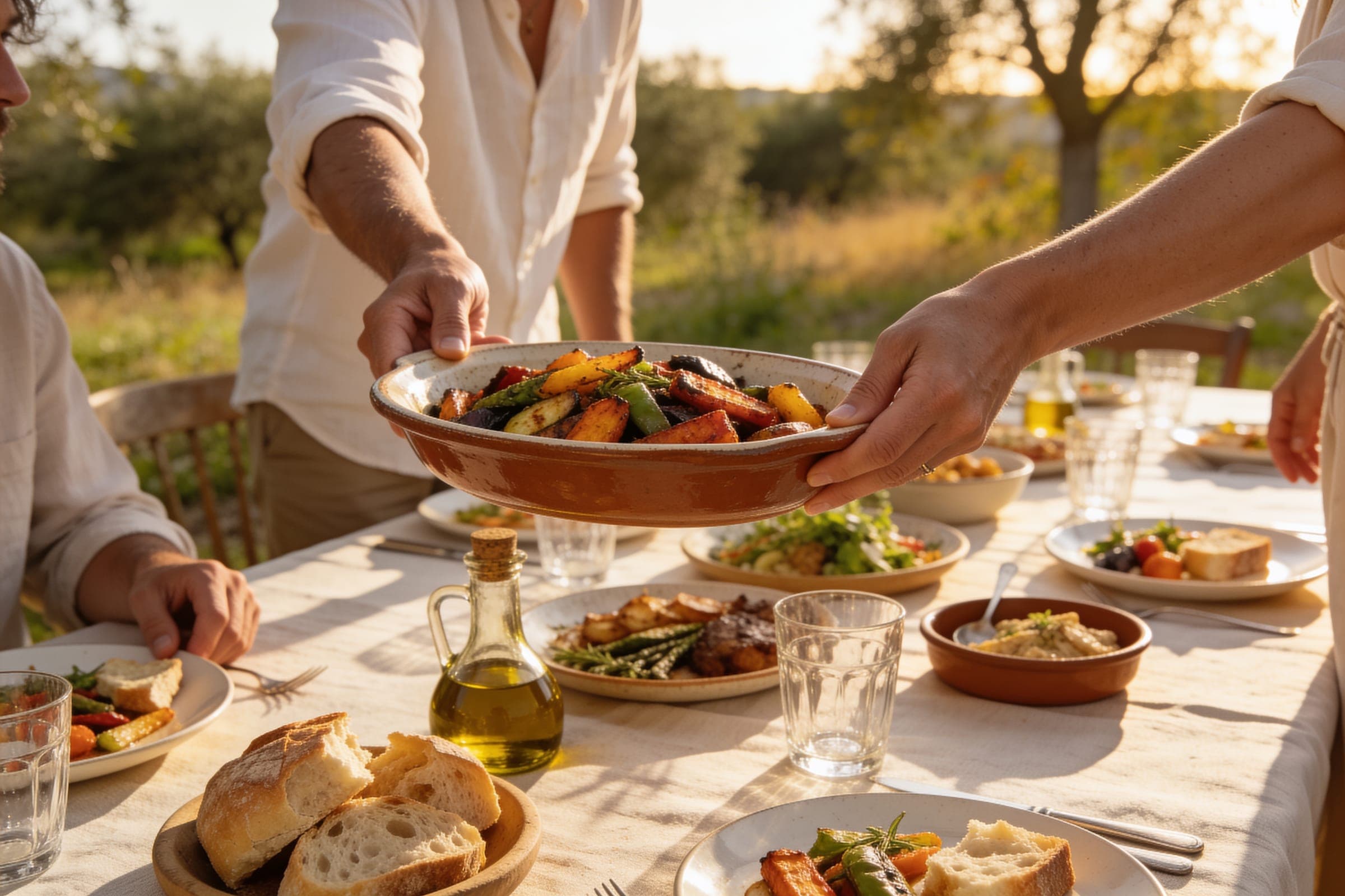 Hands passing a dish of roasted vegetables across a long outdoor table filled with shared plates, bread and olive oil.