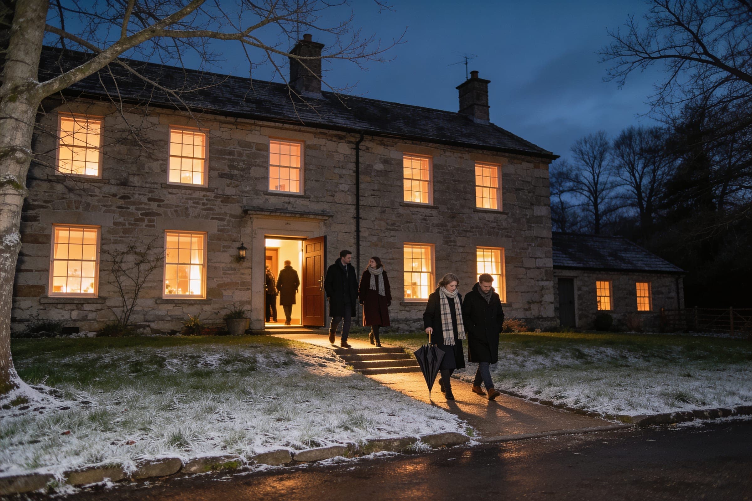 Guests in winter coats on the path of a stone house in early darkness, every window lit and frost on the lawn.