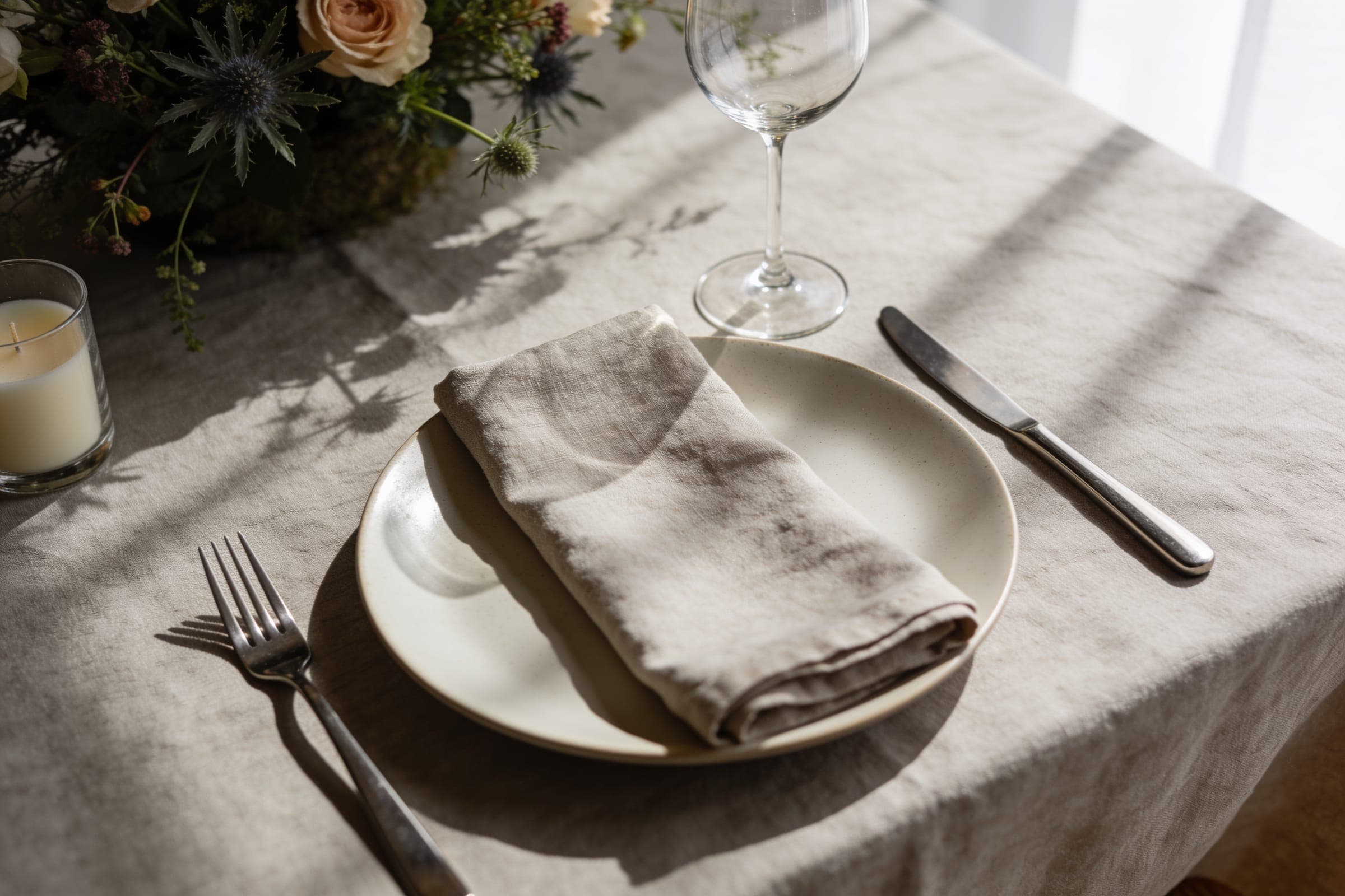 A single place setting on washed linen: a matte plate with a folded napkin, a knife and fork and a plain wine glass in window light.