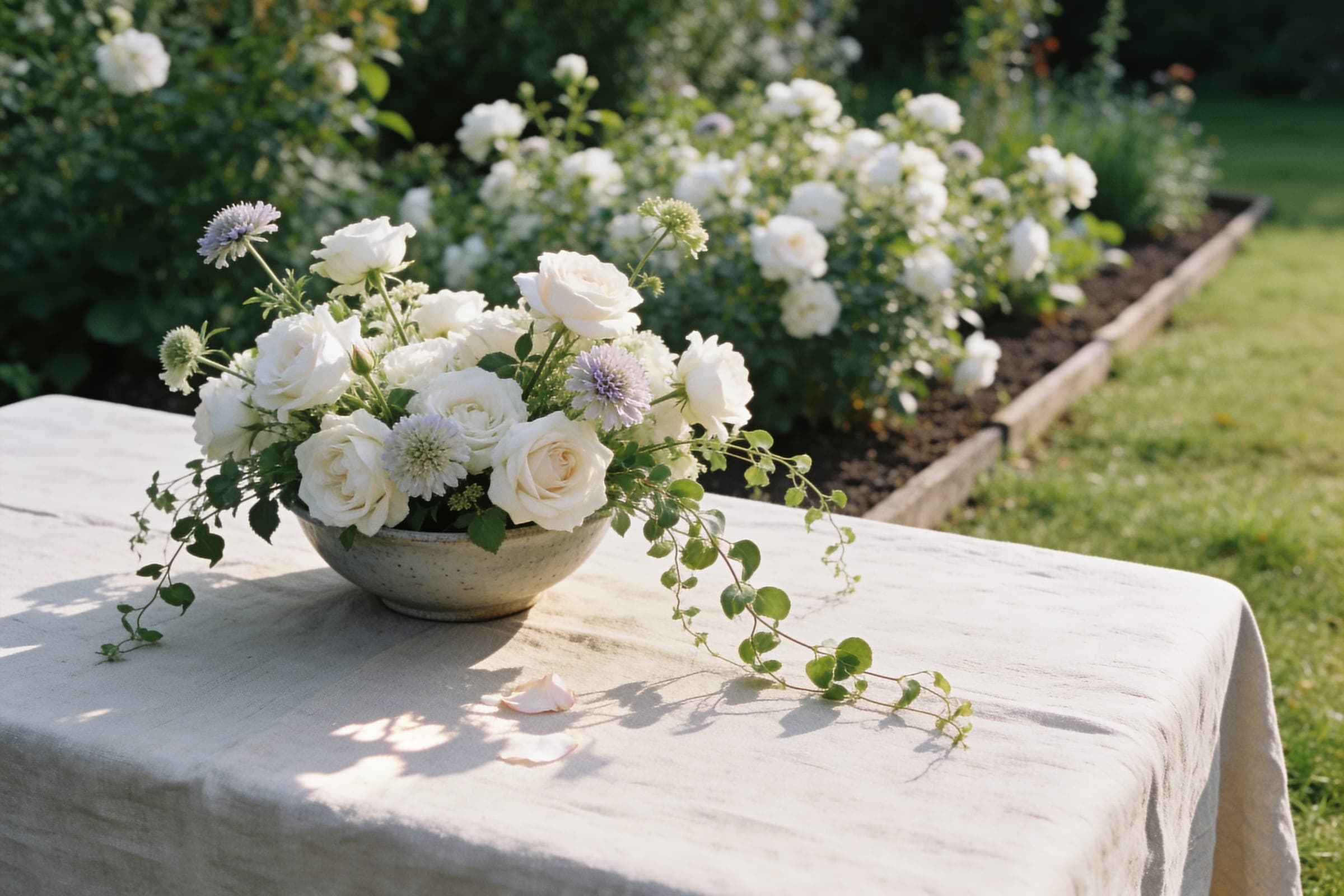 A low, loose arrangement of white roses and scabious on a linen table, with the same white flowers growing in the border behind.