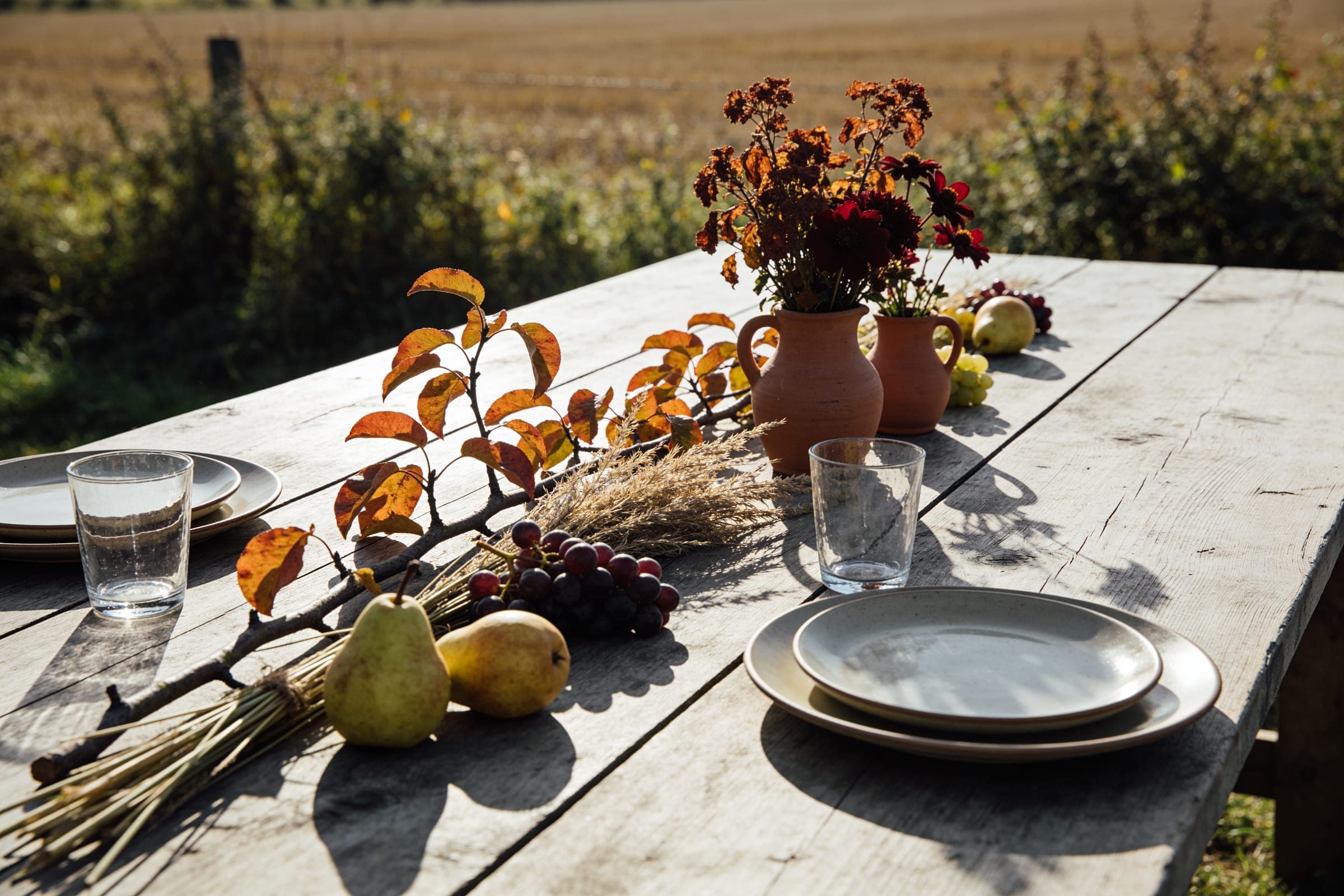 Autumn branches, pears, grapes, dried grasses and deep red flowers in clay jugs along a weathered wooden table outdoors.