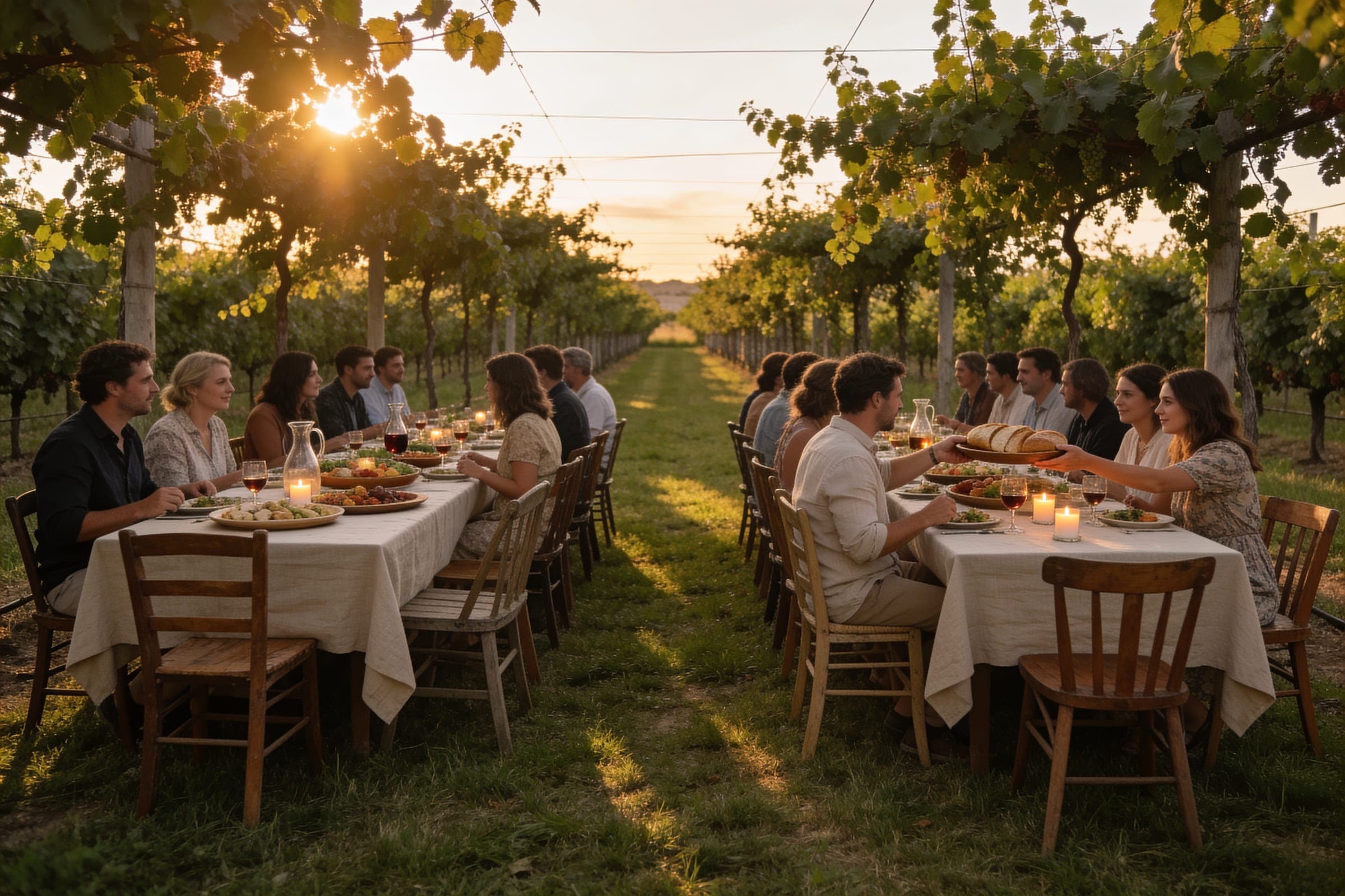 Guests at two long tables set in a row between vines in late sun, passing bread and shared dishes.