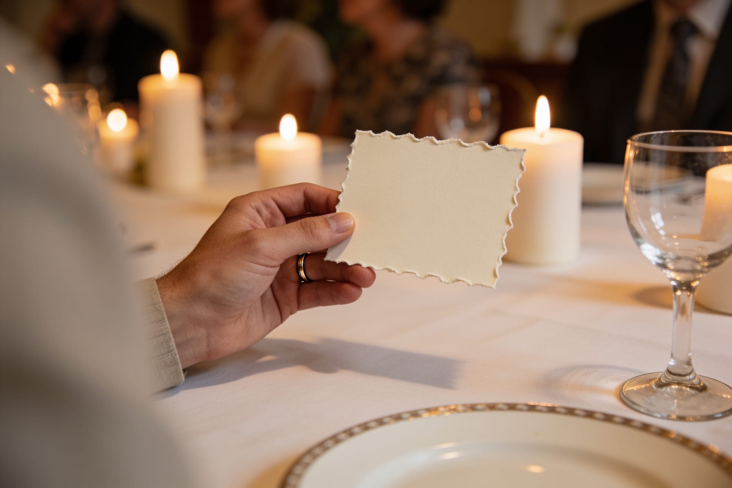 A guest's hand holding a blank, deckle-edged card at a candlelit dinner table.