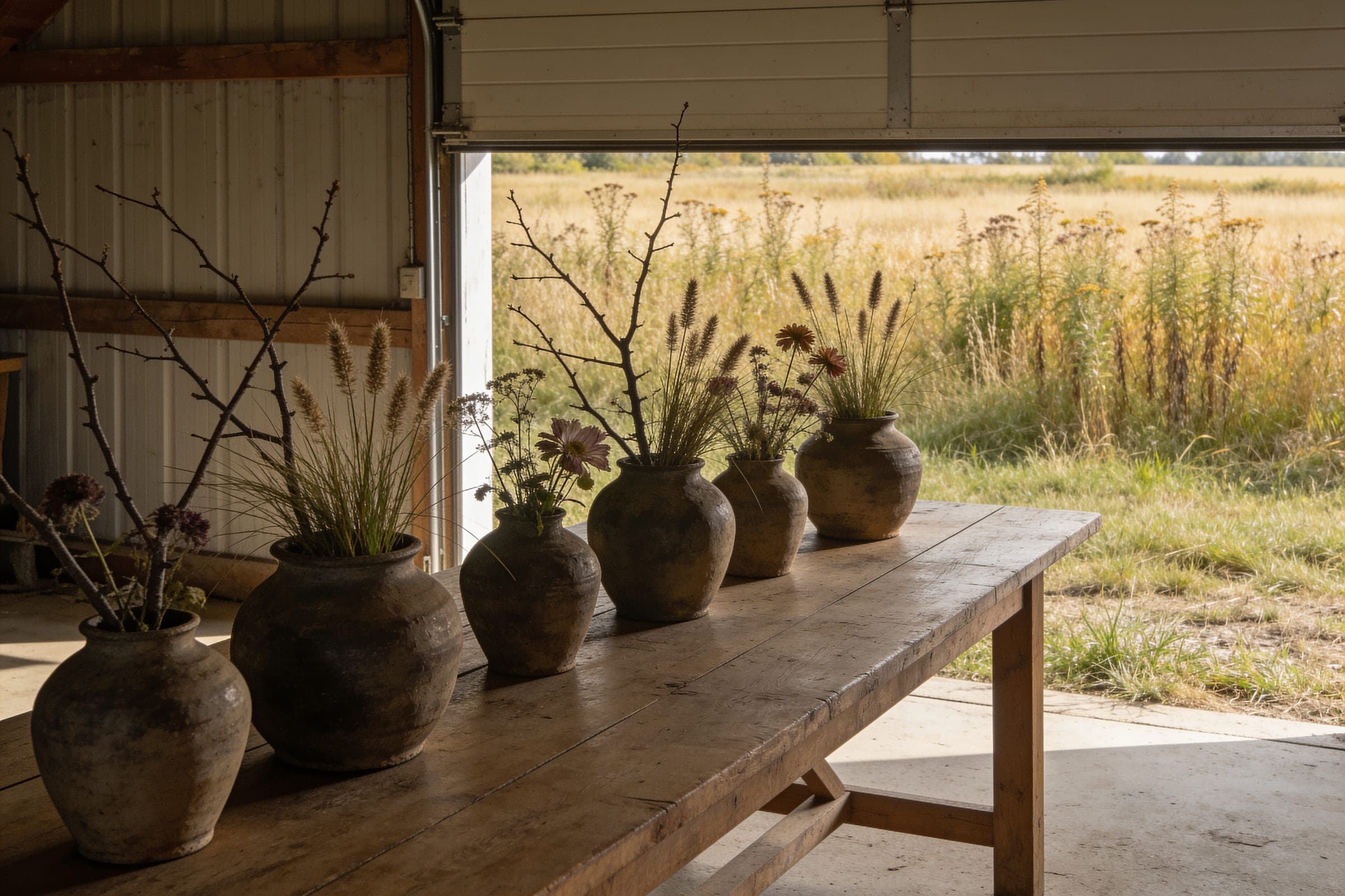 Branches, seed-head grasses and muted flowers in heavy clay vessels on a table by an open farm-building door, a field of grasses beyond.