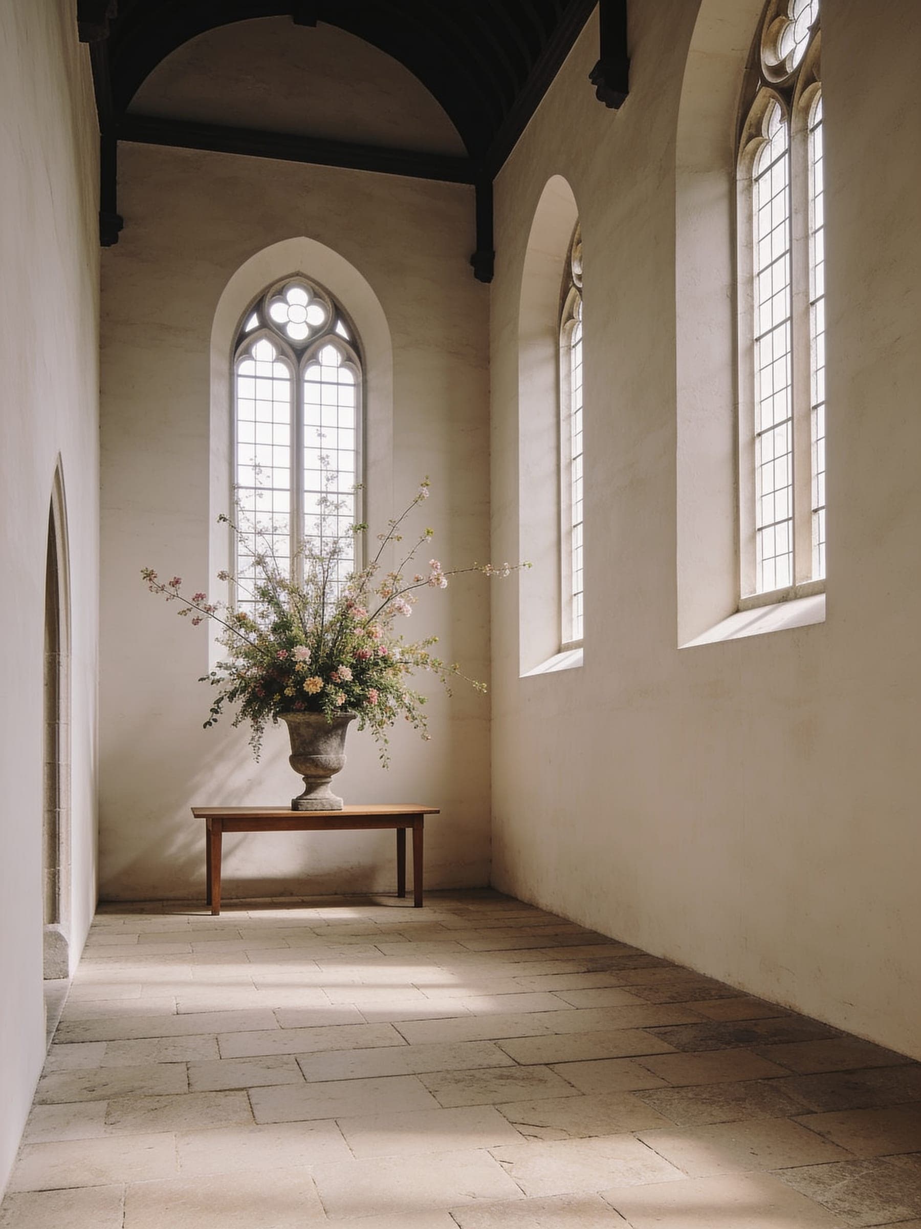 One large, loose arrangement of flowering branches in a stone urn on a table in a tall plastered room with arched windows.