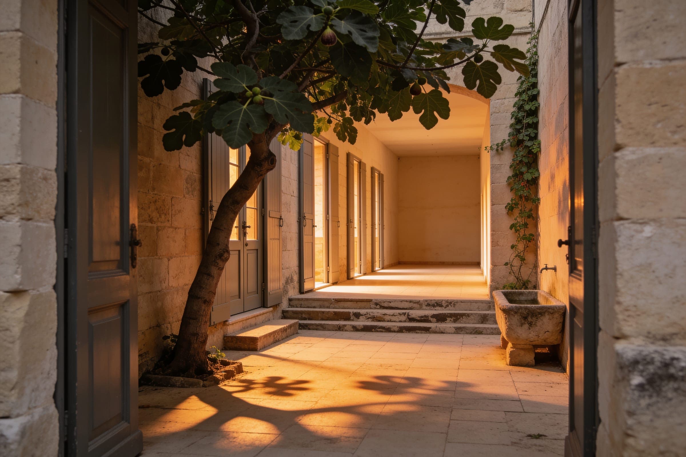 A limestone courtyard in warm evening light with a fig tree, a stone trough and a row of tall doors opening off one side.